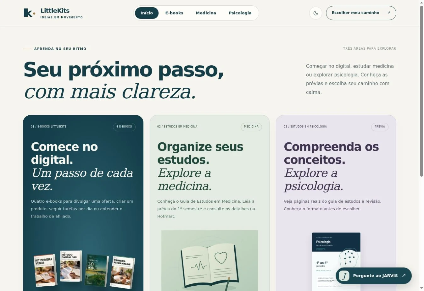 Página inicial real do LittleKits com e-books, medicina e psicologia